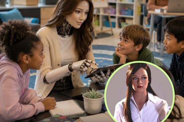 Humanoid robot egy modern amerikai tanteremben, amint diákokat tanít.